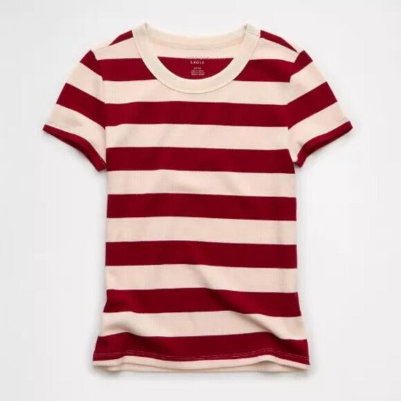 90s-inspired American Eagle AE Waffle Hey Baby Tee Campus Red Stripes L - Picture 3 of 4